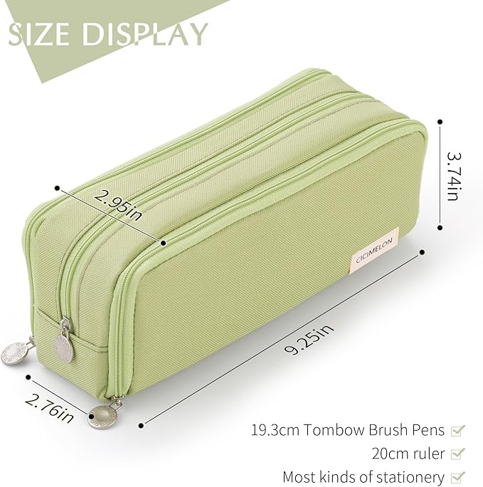 CICIMELON Large Capacity Pencil Case 3 Compartment Pouch Pen Bag for School Teen Girl Boy Men Women (Green)