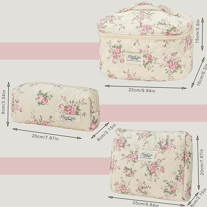 kingkiss Makeup Bag, Quilted Cosmetic Bag, Large Capacity Make Up Bag for Women, Cute Floral Storage Toiletry Bag Travel Storage Makeup Bag (Pink Flower)
