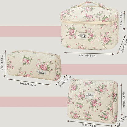 kingkiss Makeup Bag, Quilted Cosmetic Bag, Large Capacity Make Up Bag for Women, Cute Floral Storage Toiletry Bag Travel Storage Makeup Bag (Pink Flower)