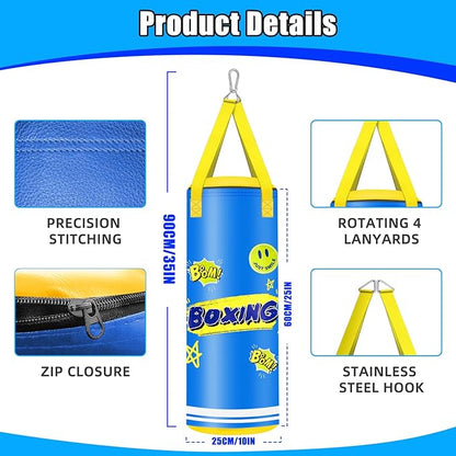 Hanging Punching Bag for Kids, 2FT PU Leather Kicking Bag with Boxing Bag Gloves, Heavy Bag Boxing Equipment for Training Karate Muay Thai Kick Taekwondo(Unfilled)
