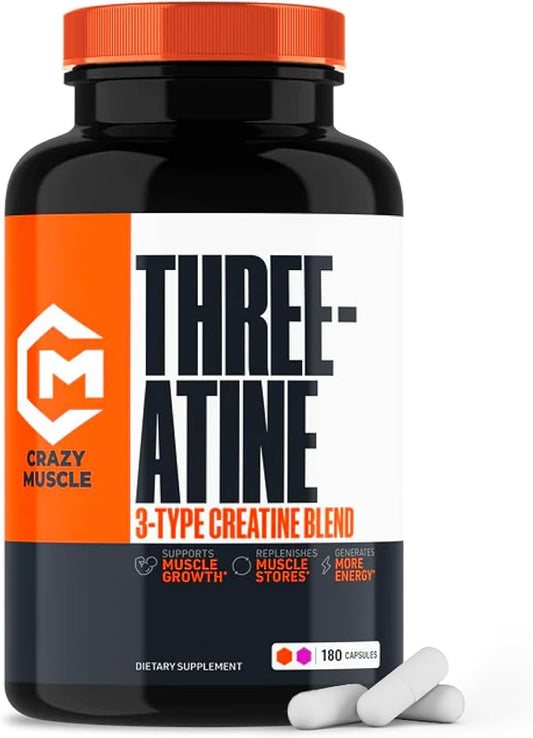 Creatine Capsules - 5g Premium 3X ThreeAtine Pre Workout Bulk Muscle Mass Gainer - High Absorption Easy-to-Take Creatine Monohydrate Pills Alternative Optimum Performance for Men Women - 180 Capsules