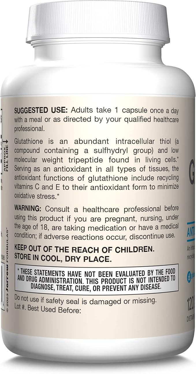Jarrow Formulas Glutathione Reduced 500 mg- 120 Veggie Capsules- Intracellular Antioxidant- Quality Glutathione Supplements- Supports Recycling of Vitamins C & E- Non-GMO- Gluten Free- Vegan, 12 Packs