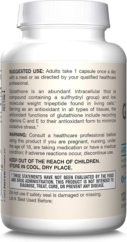 Jarrow Formulas Glutathione Reduced 500 mg- 120 Veggie Capsules- Intracellular Antioxidant- Quality Glutathione Supplements- Supports Recycling of Vitamins C & E- Non-GMO- Gluten Free- Vegan, 12 Packs