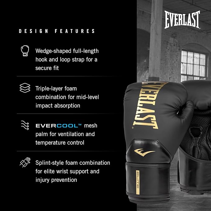 Everlast Elite 2 Boxing Gloves, Pro Training Gloves for Men and Women, Secure Fit Hook and Loop Closure & Ventilation, Heavy Bag & Speedbag Training.