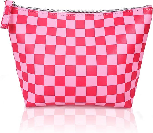 Vegan Leather Checkered Makeup Bag - Cute Girly Pink Cosmetic Bag Zipper Pouch Travel Toiletry Make Up Bag Accessories - Checker Gift for Best Friends Girls Women Mom Sister Christmas Gifts Stuff