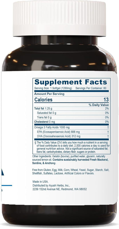 Ayush Herbs High Omega 3 - Omega 3 Fish Oil, 1000mg Per Capsule, EPA & DHA Fish Oil Supplement for Women & Men, Natural Lemon Flavor - 60 Softgel Capsules (1 Count)