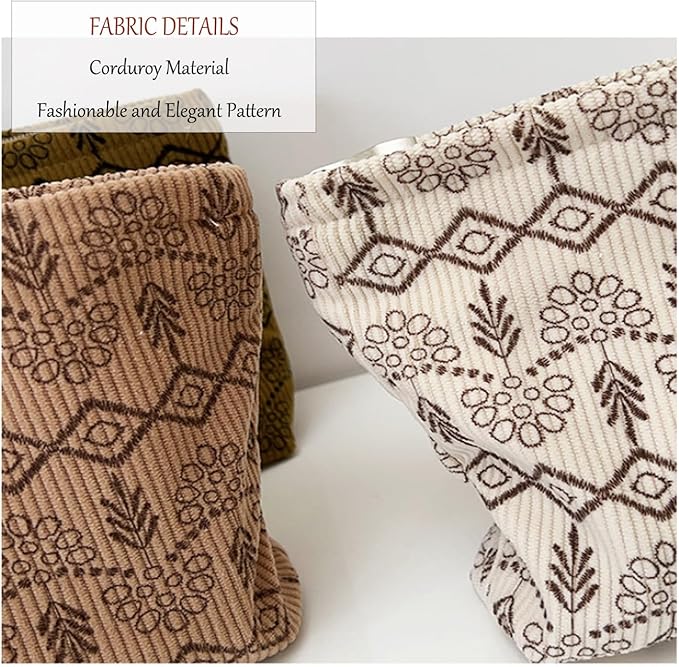 Flower Fabric Makeup Bag for Purse, Vintage Corduroy Cosmetic Pouch Bag, Portable Travel Handbag for Women Girls (Vintage Khaki)