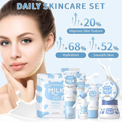 Skin Care Routine Set For Women, Anti Aging Milk Skin Care Gift Set For Acne, Wrinkles, Face Care Kit With Cleanser, Serum, Exfoliating Scrub, Cream, Eye Cream, Facial Mask, Deep Moisturizing