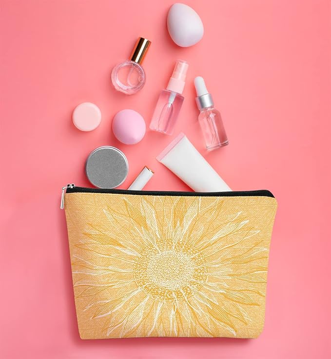 Yellow Sunflowers Line Art Makeup Bag,Spring Summer Flower Cosmetic Bag Best Gift Idea for Teen Girls Women,Birthday Christmas Gifts for Girls Women Daughter Sister