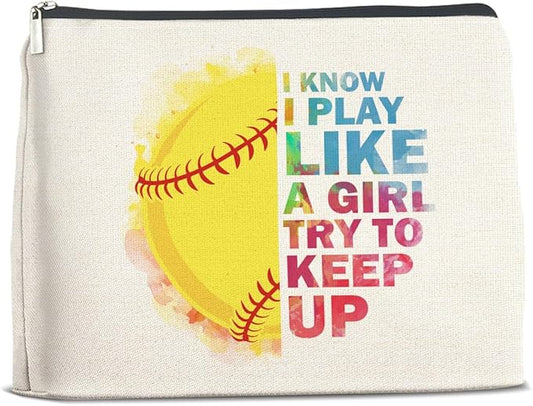 Inspirational Gifts for Women Softball Lovers Makeup Bag, Cosmetic Pouch With Zipper for Girls