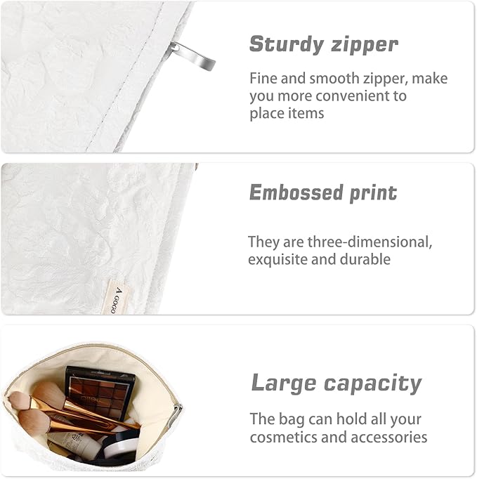 Flower Makeup Bag Large White Floral Cosmetic Bag for Women Cute Makeup Pouch Zippered Portable Travel Toiletry Bag Lace Trendy Aesthetic Makeup Organizer Bag Cosmetic Pouch for Purse