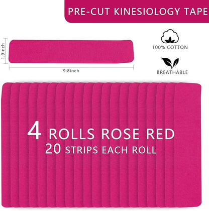 OBTANIM Waterproof Kinesiology Tape 4 Rolls Precut Strips Elastic Athletic Tape Muscle Pain Relief Sports Tape for Knee Fitness Running Tennis Swimming (Red)