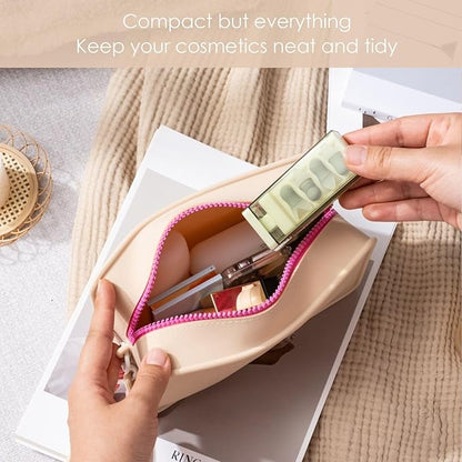 Travistar Silicone Travel Makeup Bag - Large Capacity Make Up Pouch Travel Makeup Organizer Bag Waterproof Toiletry Bag Portable Cosmetic Bag Small Womens Brush Holder Bag with Zipper Closure Khaki