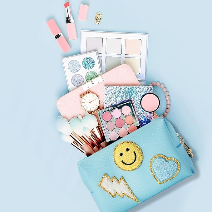 LieToi Preppy Patch Small Toiletry Bag, Smile Lightning Heart PU Leather Portable Waterproof Makeup Cosmetic Bag Daily Use Storage Purse Travel Organizer Compliant Bag for Women Girls (Canal Blue)