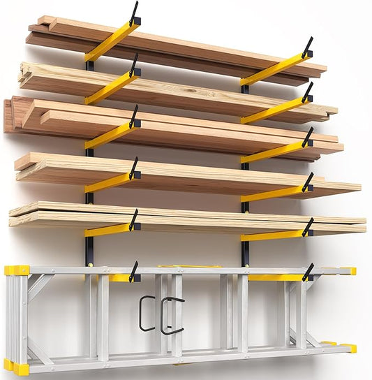 GREENER Lumber Storage Rack Folding Wood Storage Racks Wall-Mounted Metal Racks for Storage with 6-Level Heavy Duty Garage Wood Organizer for Woodworking Shop Indoor & Outdoor Use, 2 pairs,Yellow