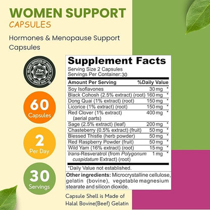 Hormones Balance & Menopause Supplements for Women, Menopause Relief - Support for Hot Flashes, Mood Swings w/Black Cohosh & Red Clover Halal Vitamins, 30 Servings
