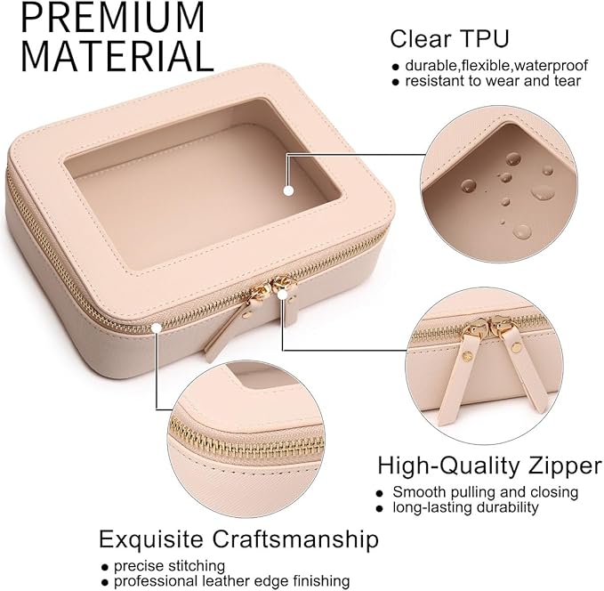 Clear Makeup Bag Transparent Travel Case for Cosmetics and Toiletries Women's Brush Bag and Clear Car Bag with Zipper (Beige, M+)