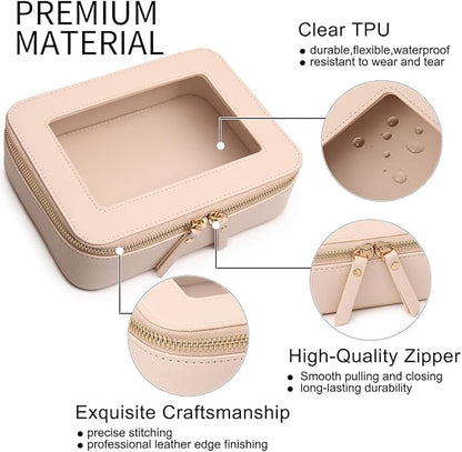 Clear Makeup Bag Transparent Travel Case for Cosmetics and Toiletries Women's Brush Bag and Clear Car Bag with Zipper (Beige, M+)