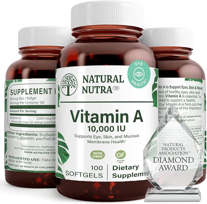 Natural Nutra Vitamin A 10,000 IU Softgels – High Potency Eye and Skin Vitamins – Gluten-Free Vitamin A Supplement for Sight & Skin Health – Fish Liver Oil for Men and Women, 100 Softgels (2 Pack)