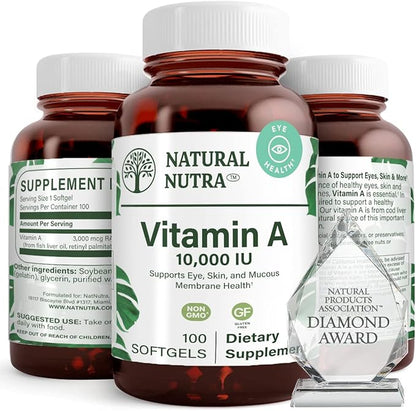 Natural Nutra Vitamin A 10,000 IU Softgels – High Potency Eye and Skin Vitamins – Gluten-Free Vitamin A Supplement for Sight & Skin Health – Fish Liver Oil for Men and Women, 100 Softgels (2 Pack)