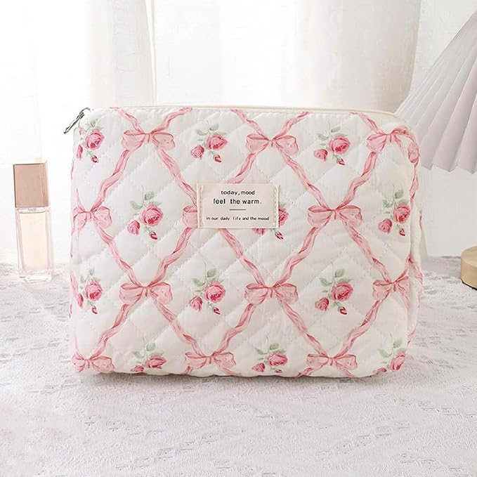 Quilted Makeup Bag,Bow Makeup Bag,Cotton Makeup Bag Set for Women,Travel Makeup Bag,Large Toiletry Cosmetic Bag Makeup Bag Organizer for Women Girls (M5-1PC)