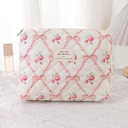 Quilted Makeup Bag,Bow Makeup Bag,Cotton Makeup Bag Set for Women,Travel Makeup Bag,Large Toiletry Cosmetic Bag Makeup Bag Organizer for Women Girls (M5-1PC)