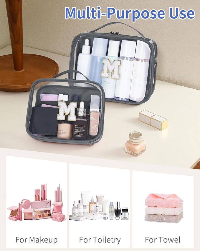 Wandering Nature Clear Makeup Bags 2 Pack Personalized Initial Makeup Pouch Preppy Small Cosmetic Pouch Organizer Travel Toiletry Bag, Birthday Gifts for Girlfriend Women