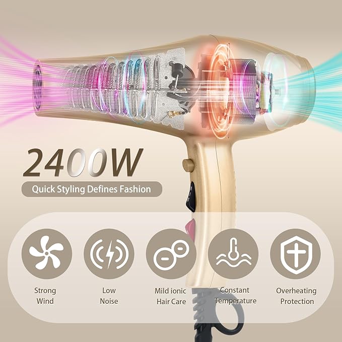 Ionic Hair Dryer,2400W Negative Ion Low Noise Hair Dryer Professional Fast Drying Hair Dryer with 2 Speeds, 3 Heat Settings, Cooling Button,with Diffuser for Curly and Straight Hair（Champagne Gold）