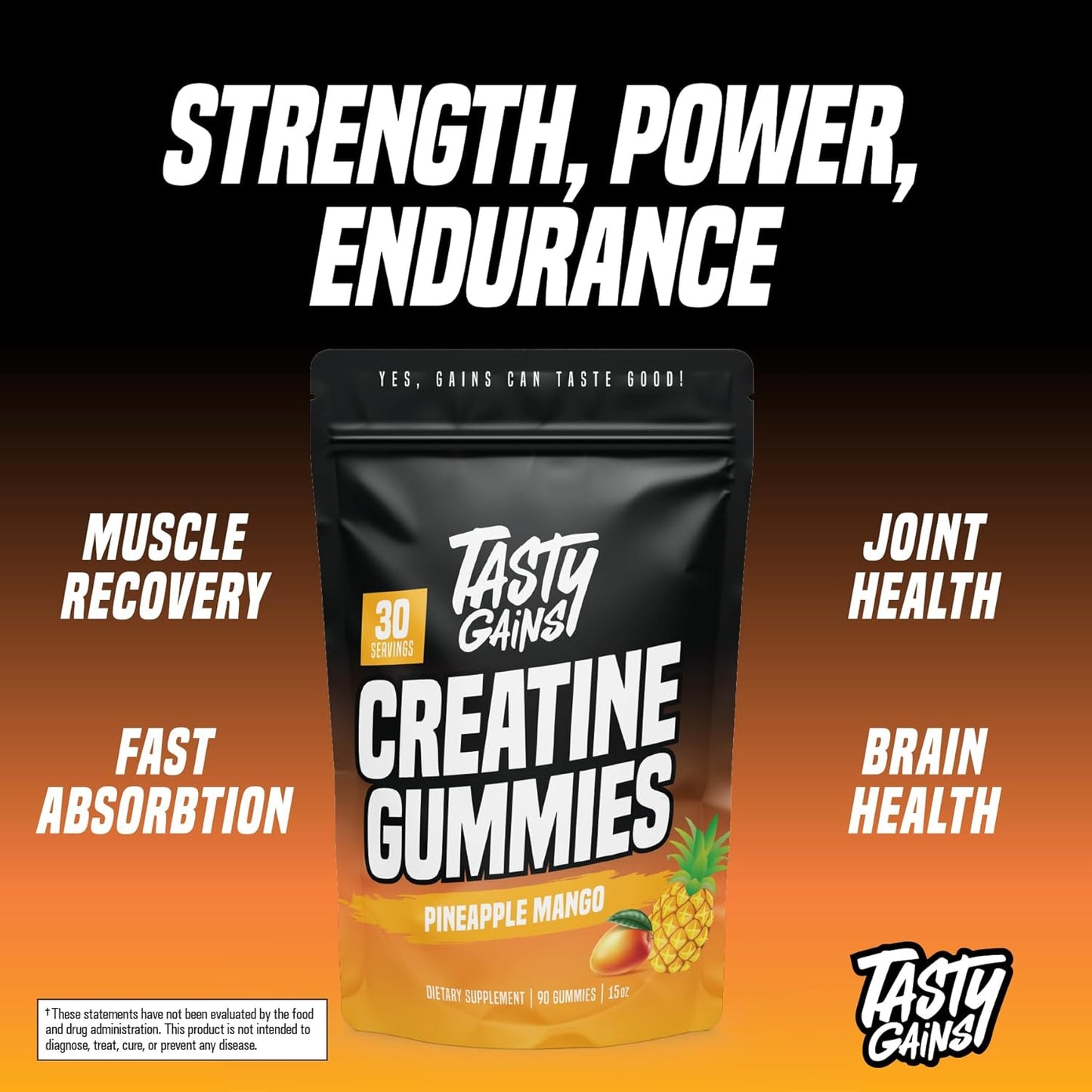 Creatine Gummies - 90g of Creatine Monohydrate - Workout Supplements - Build Muscle & Boost Strength for Men & Women - Made in USA - Non GMO - Vegan Friendly (Large, Pineapple Mango)