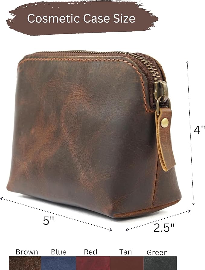 Genuine Leather Cosmetic Case For Women Handmade (Wine Red) Small Makeup Bag for Purse Zipper Pouch - Makeup Essentials Organiser Mini Cosmetic Bag For Purse, Cosmetic Case Makeup Holder Bag