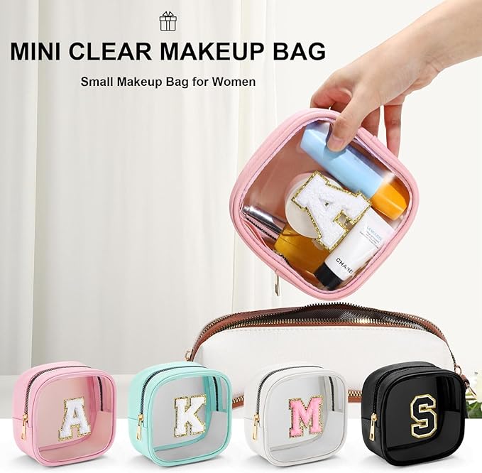 YOOLIFE Initial Makeup Bag Travel Toiletry Bag, Clear Makeup Bag Preppy Cosmetic Bags Organizer Travel Essentials Gifts for Women Teen Girlfriend Teacher Mom Birthday Gifts Makeup Pouch Mini Blue S