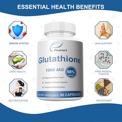 Glutathione Supplement 98%+ Highly Purified and Bioavailable - Skin Care & Detoxification L-Glutathione 1000mg Immune & Liver Support - Made in The USA 60 Capsules