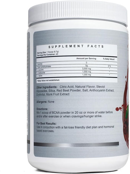 BCAA Powder Preworkout for Women - Naturally Sweetened with Stevia, Erythritol, & Monk Fruit + Delicious Recipe Guide PDF | 40 Servings (Cherry Lime)