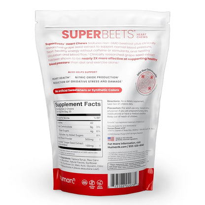 humanN SuperBeets Heart Chews, Nitric Oxide and Blood Pressure Support, Grape Seed Extract & Non-GMO Beet Root Powder Energy Chews, Super Beets Heart Chews, Pomegranate Berry Flavor, 180 Count