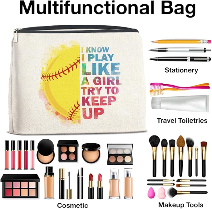 Inspirational Gifts for Women Softball Lovers Makeup Bag, Cosmetic Pouch With Zipper for Girls
