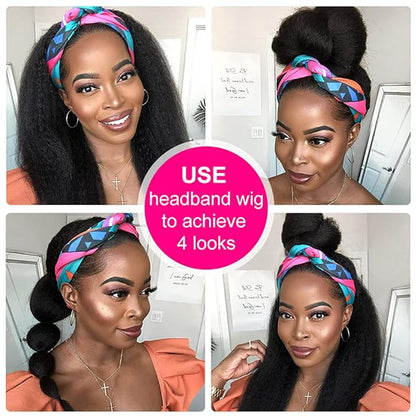 30 Inch Kinky Straight Wig Human Hair 180% Density 12A Kinky Straight Human Hair Headband Wigs for Black Women Yaki Straight Human Hair Wigs with Headband Attached Half Wig Natural Black Color