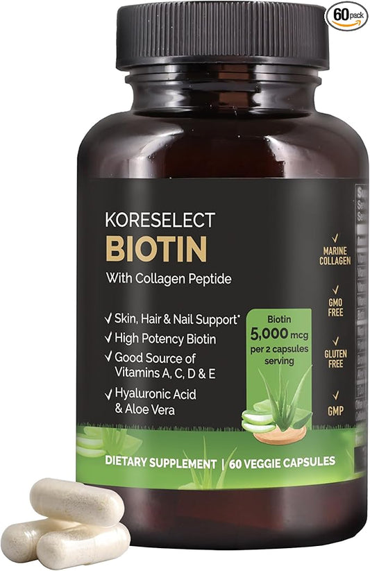 Biotin Collagen Capsules 5000mg, with B7 and Multivitamins, Hyaluronic Acid, Aloe for Men & Women, Hair, Nail, Skin Care, 60 Capsules