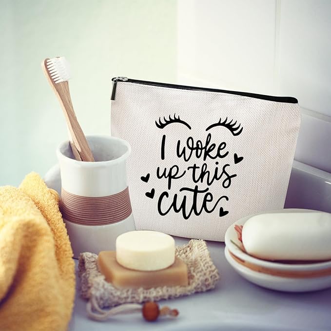 Wake Up & Make Up Funny Makeup Bag Gift for Women Inspirational Cosmetics Pouch for Purse Travel Bag Cases for Toiletries Accessories Organizer
