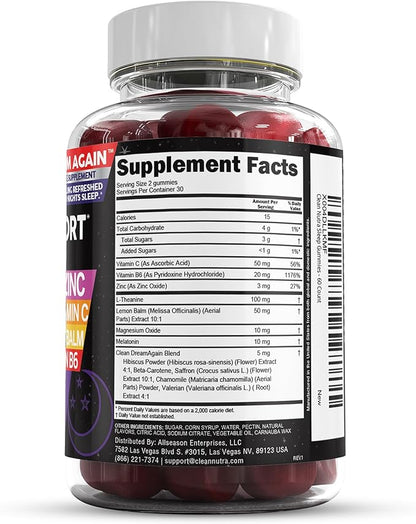 Sleep Aid Melatonin Gummies | Valerian Root L-Theanine Vitamin B6 C Lemon Balm Magnesium Hibiscus Beta Carotene Saffron & Chamomile Rest Support Supplement Raspberry Flavor Dream Again by Clean Nutra