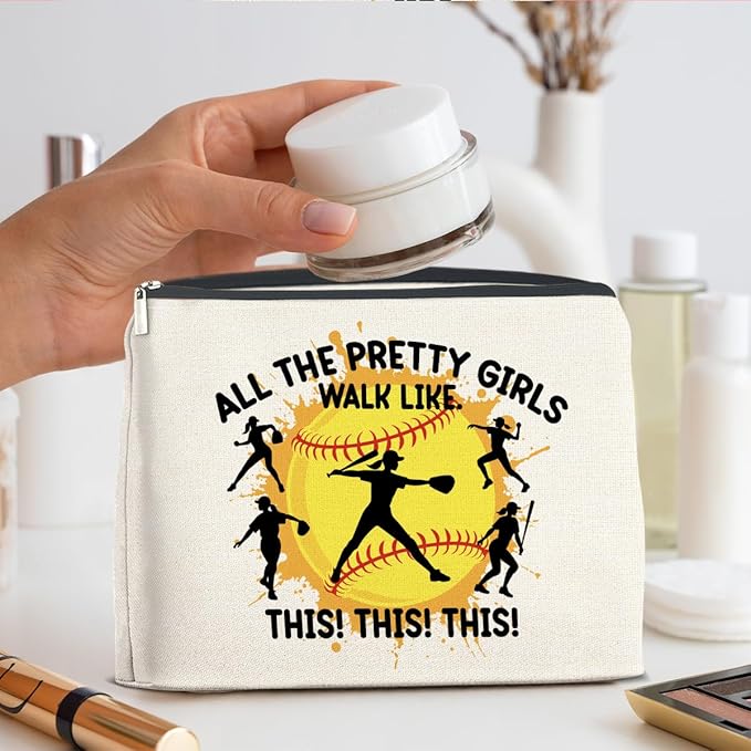 Softball Gifts for Girls Women - Makeup Bag, Player Gift - All the Pretty Girls Walk Like This - Cosmetic Bag Zipper Makeup Pouch