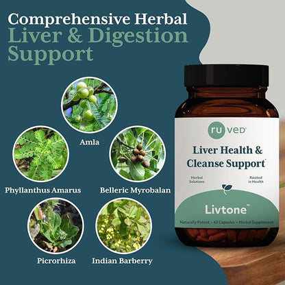Ruved Livtone, Powerful Doctor-Formulated Liver Support with Berberine, Andrographis and Amla, Ayurvedic Herbal Supplement for Detoxification and Gastrointestinal Health, 60 Vegetarian Capsules