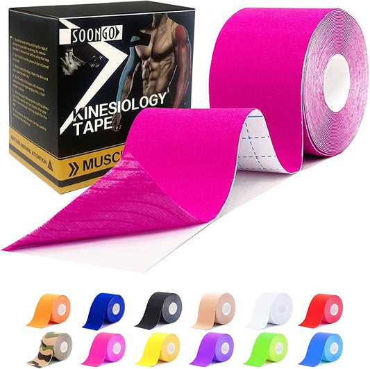 Kinesiology Tape Pro 1/2/5 Rolls, 2 Inch High Elasticity Sports Tape Therapeutic Pain Relief–Physio Tape for Muscle Recovery & Joint Support, Waterproof & Hypoallergenic & Breathable–Pink