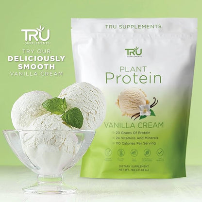 TRU Plant Based Protein Powder, BCAA, EAA, 20g Vegan Protein, 100 Calories, 27 Vitamins, No Artificial Flavors 25 Servings (Vanilla)