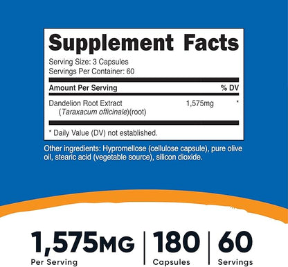Nutricost Dandelion Root 525mg, 180 Capsules (3 Bottles) - 1575mg Serving, Non-GMO, Gluten Free
