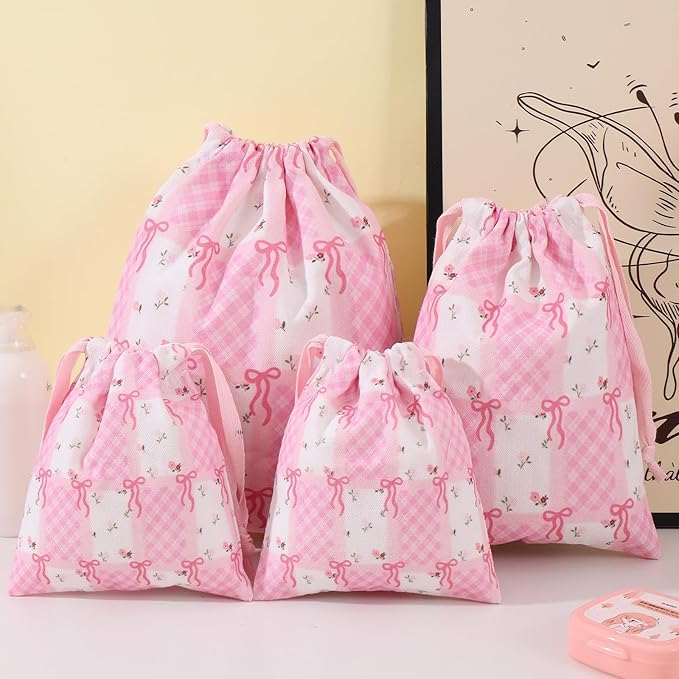 LYDZTION 4pcs Floral Drawstring Makeup Bags Pouches For Purse, Small Canvas Cloth Gift Bags Pouch For Cosmetics Jewerlry Home Travel Storage,Flower Bow
