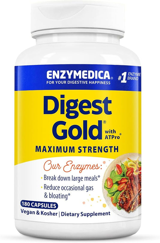 Enzymedica Digest Gold + ATPro, Maximum Strength Digestive Enzymes, Helps Digest Large Meals for Instant Bloating Relief, 180 Count