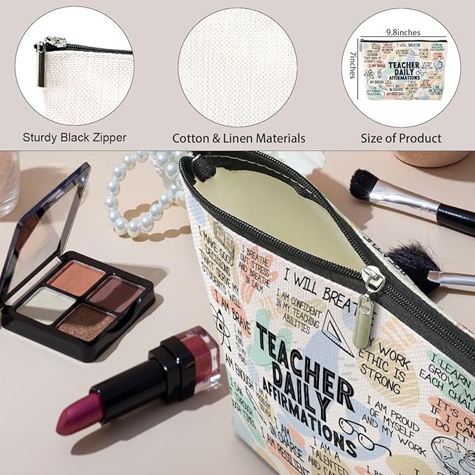 Daily Affirmations for Women Makeup Bag Teacher Gifts Teacher Appreciation Gifts Mental Health Gifts for Female Teacher Friend Counselor Coworker Birthday Friendship Graduation Travel Toiletry Bag