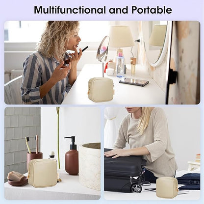 Wandering Nature Small Makeup Bag for Purse Mini Make up Pouch Cute Cosmetic Pouch for Women with Slip-in Pockets Matte Leather, Beige