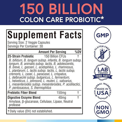 Terranics Daily Probiotics for Men & Women, 150 Billion 25 Strains Colon Care Probiotics, with Prebiotics & Enzymes, Healthy Regularity, Delayed Release, Shelf Stable, 60 Veggie Caps