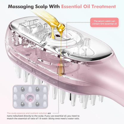 Rechargeable 3-in-1 Scalp Massager Nano Mist Hair Oil Applicator Brush with Cooling Vibration & Hydrating Design | Effortless Detangling, Soothing Relaxation for All Hair Types